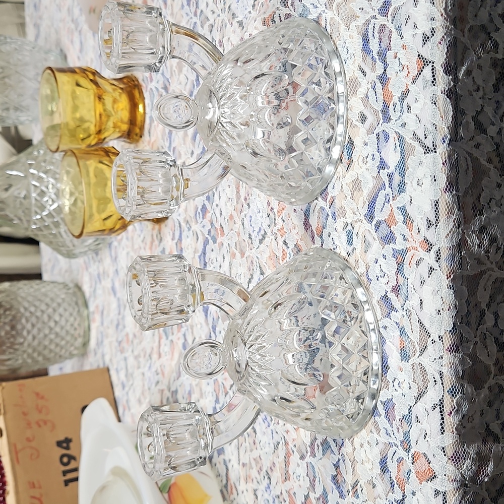 Vintage 1940's Imperial Glass Double Candleholders Thumbprint Pattern